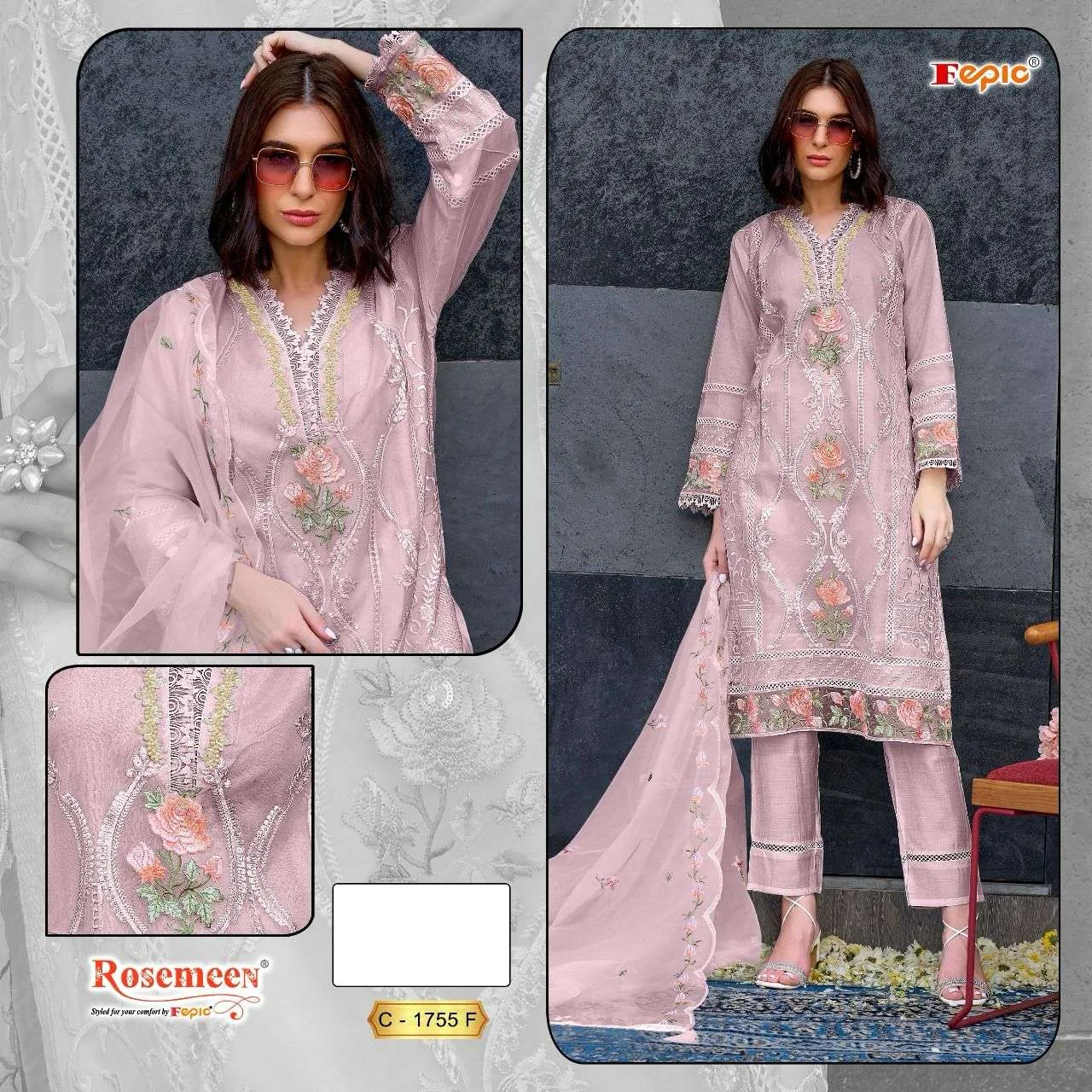 Fepic C 1755 Organza Embroidery Wholesale Designer Pakistani Suit Collection