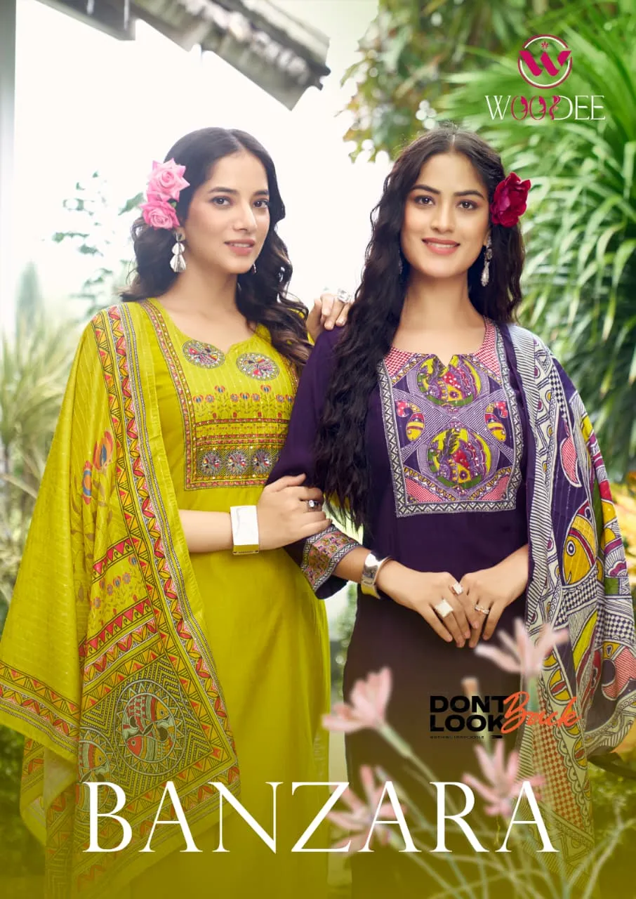 Woodee Banzara Viscose Vatican Thread Work Wholesale Kurti Pant and Dupatta Collection