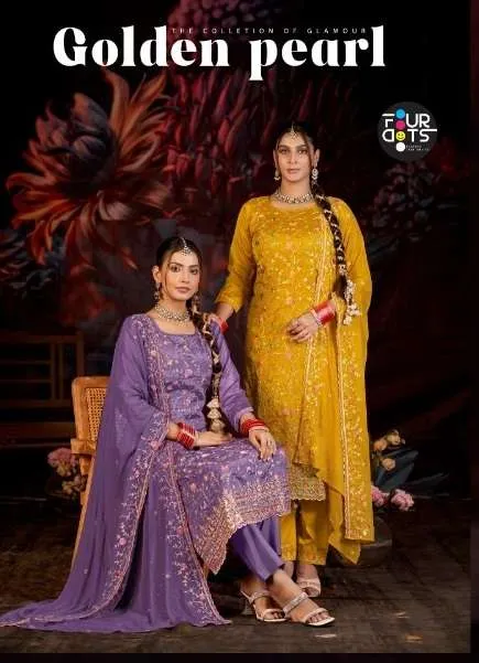 Fourdots Golden Pearl Glass Organza Work Wholesale Designer Dress Material Collection