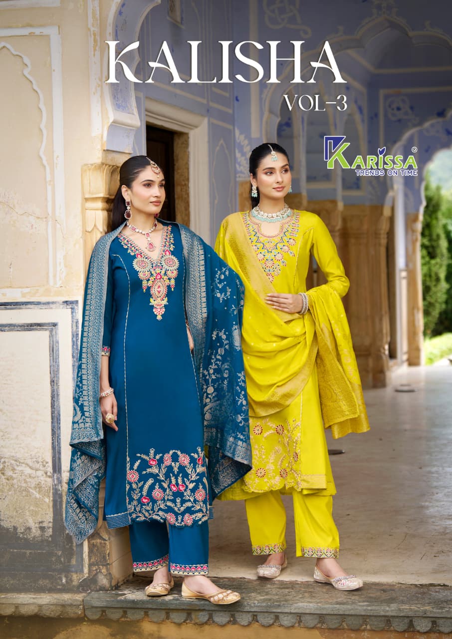 Karissa Kalisha Vol 3 Viscose Roman Silk Handwork Wholesale Kurti Pant and Dupatta Collection