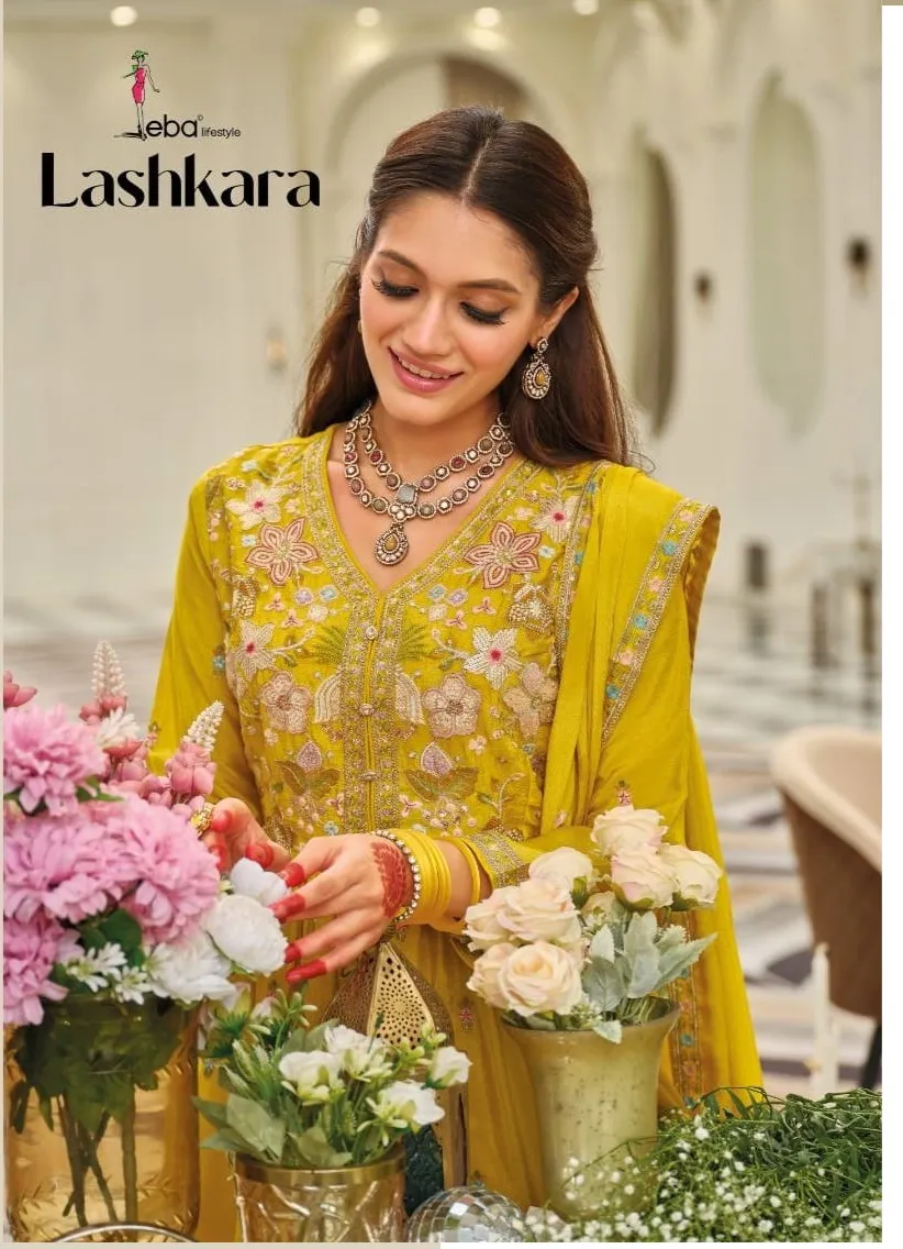 Eba Lashkara Chinon Embroidery Work Wholesale Designer Top Bottom and Dupatta Collection