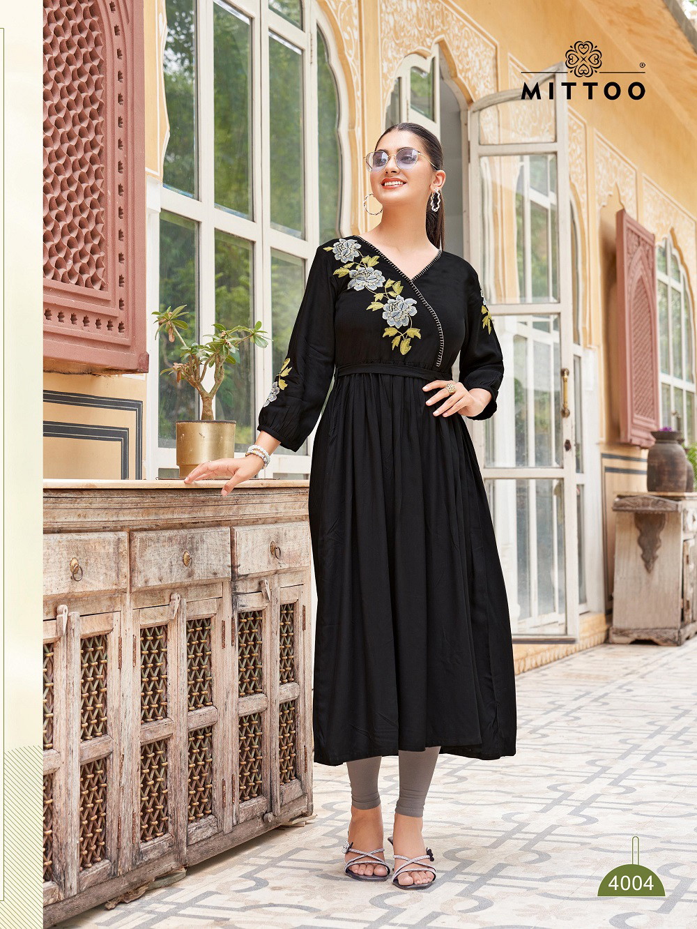 Mittoo Nora Rayon Thread Work Stylish Wholesale Kurti Collection