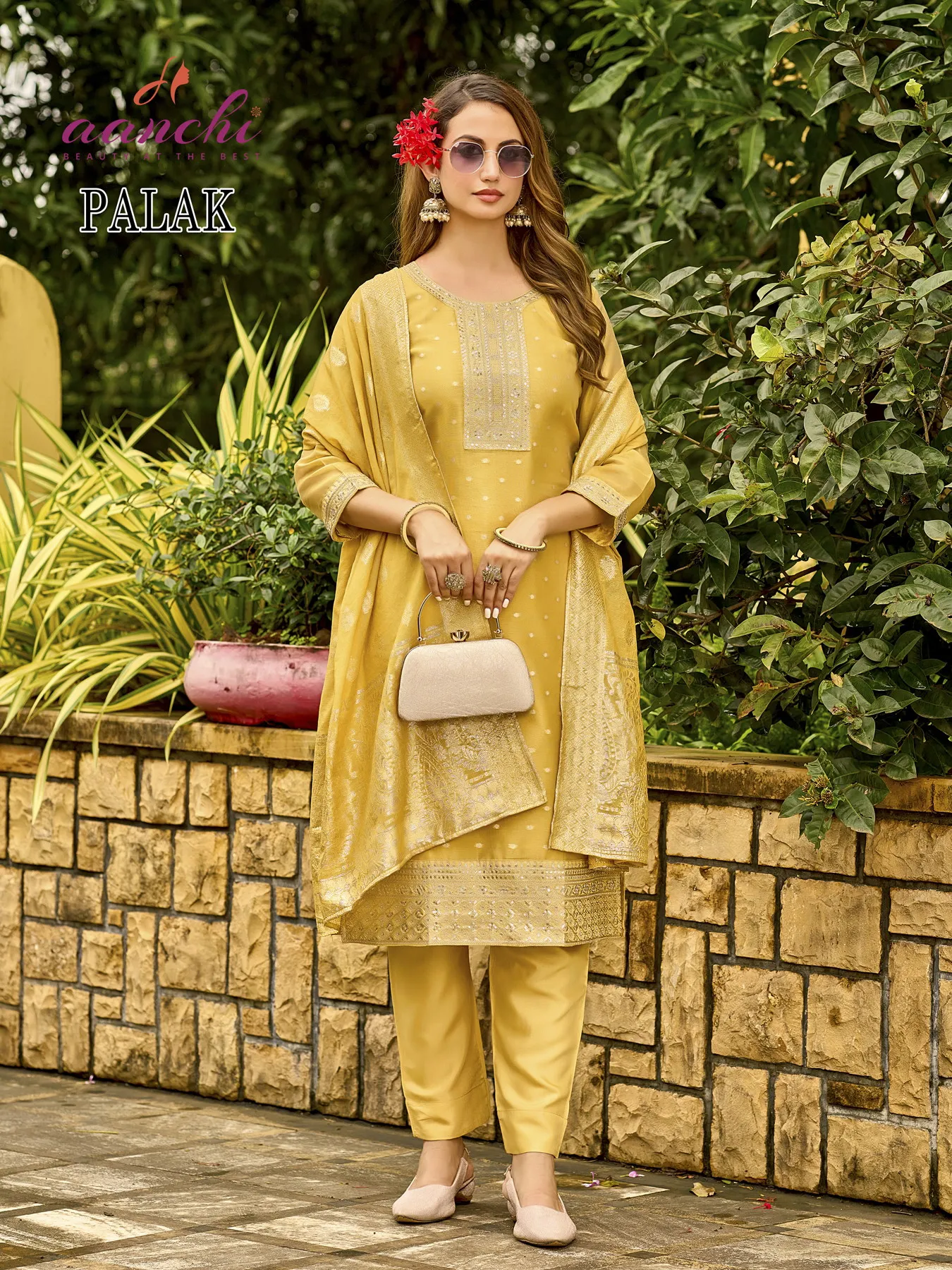 Aanchi Palak Three Pieces Set Pure Tissue Butti Wholesale Kurti Pant and Dupatta Collection