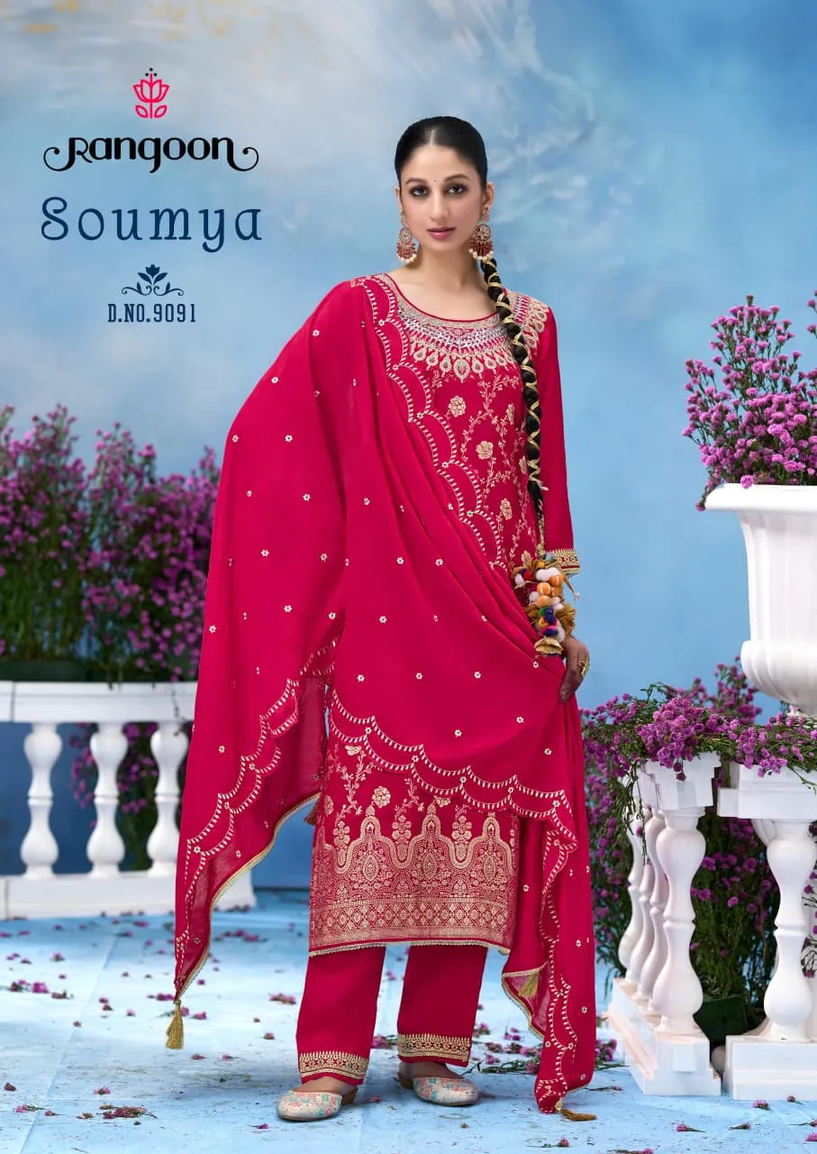 Rangoon Soumya Russian Fancy Work Wholesale Kurti Pant and Dupatta Collection