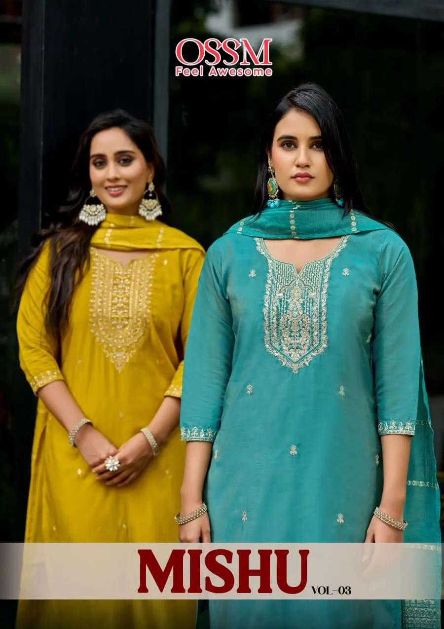 Ossm Mishu Vol 3 Roman Simmer Embroidery Kurti Pant and Dupatta Collection