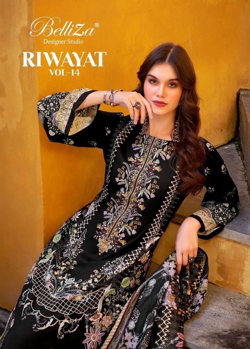 Belliza Designer Riwayat Vol 14 Pure Viscose Rayon Wholesale Fancy Work Suit Collection