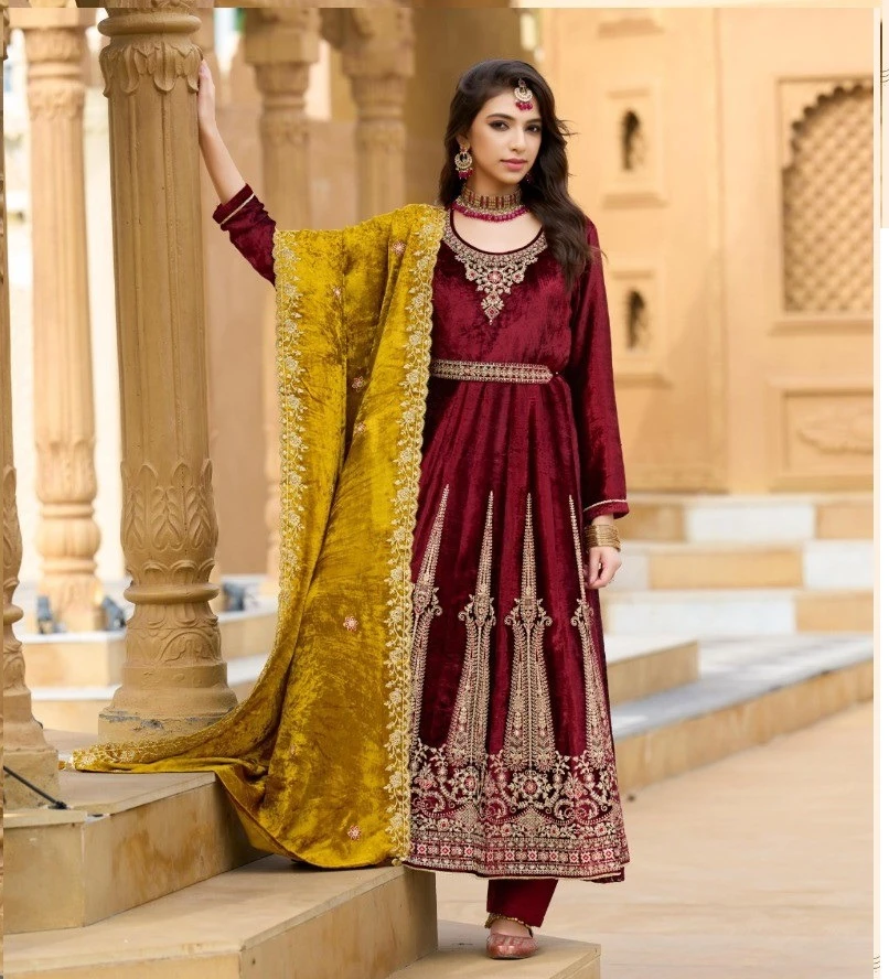 Four Dots Anarkali Viscose Makhmali Velvet Work Wholesale Winter Wear Suits Collection