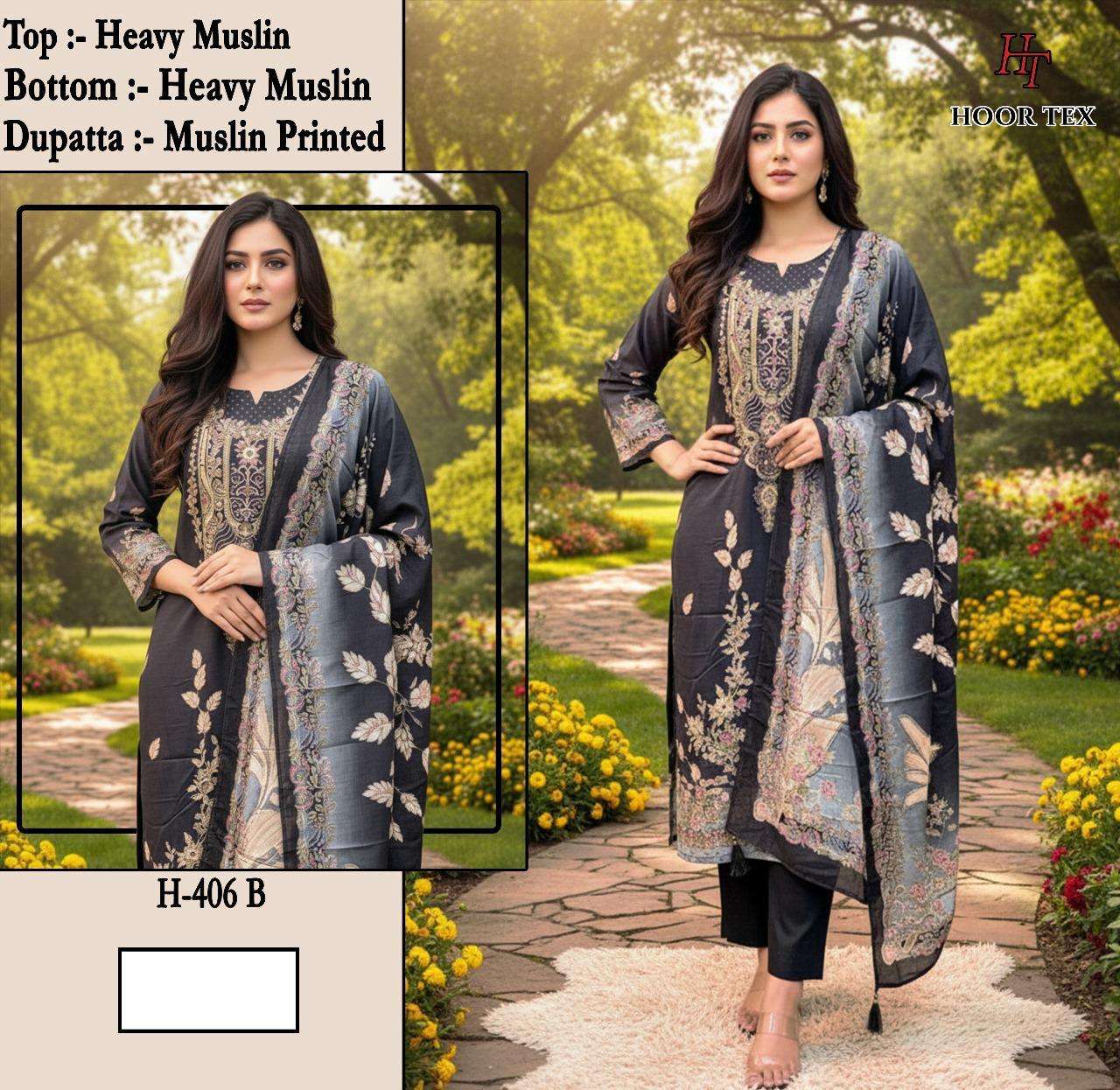 Hoor Tex Design No - H 405-413 Imported Muslin Wholesale Pakistani Readymade Suit Collection