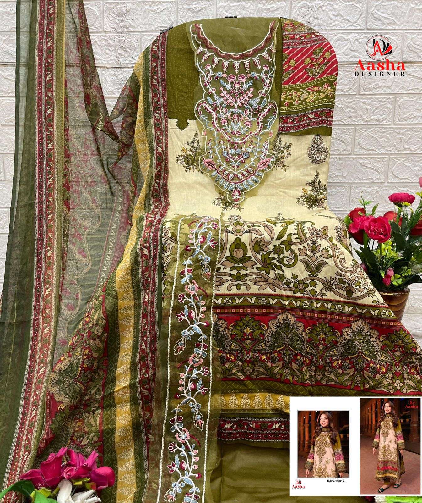 Aasha Designer Design No-1180 Pure Cotton Wholesale Pakistani Suit Collection