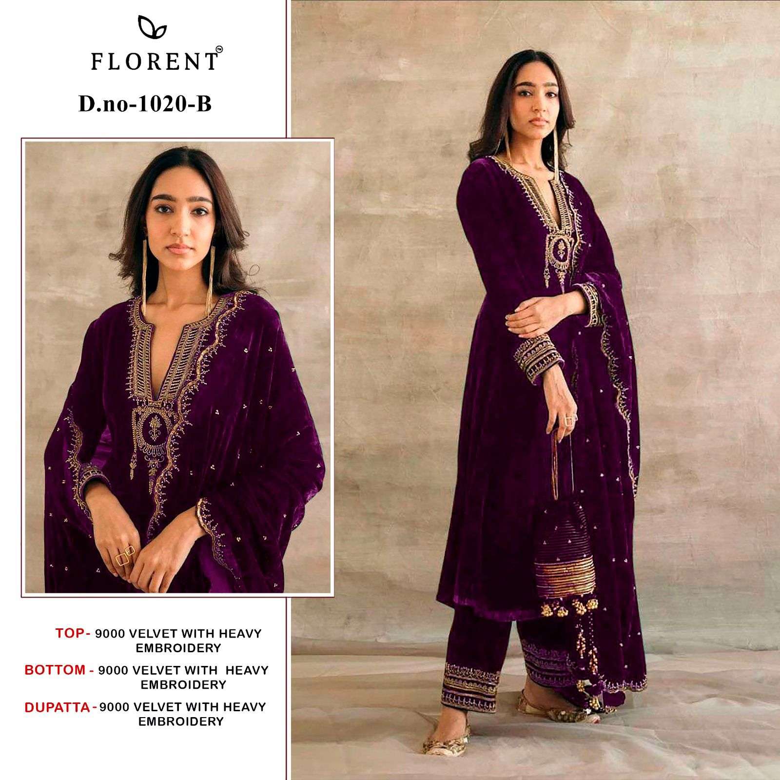 Florent Tm Design No-1020 Abcd Velvet with Heavy Embroidery Wholesale Pakistani Winter Suit Collection