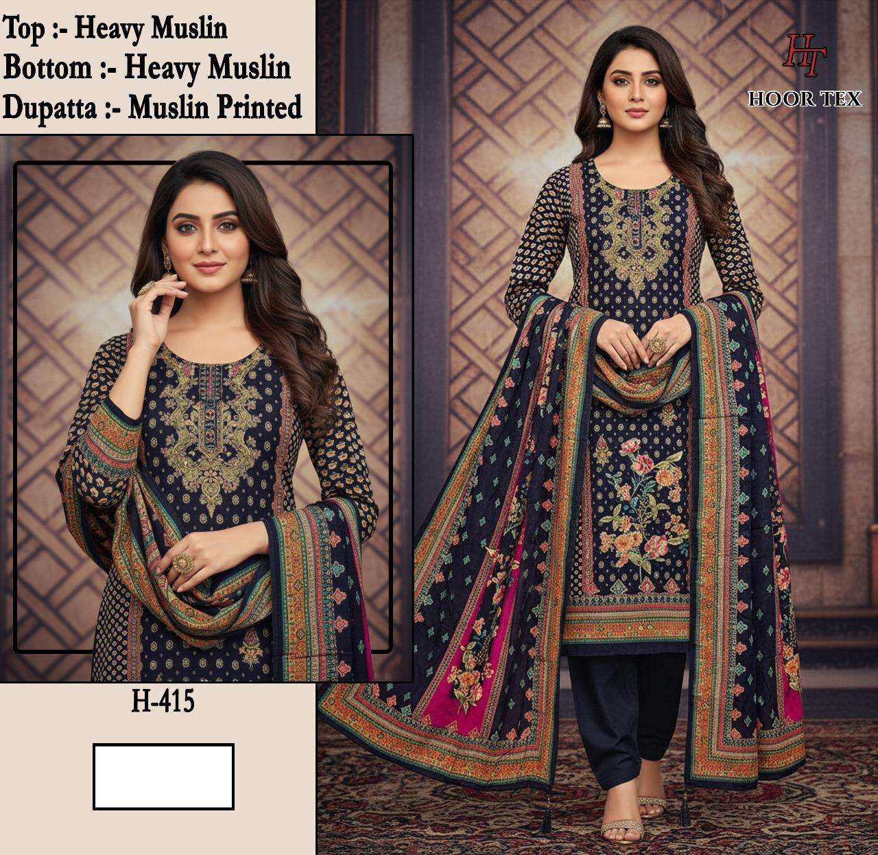 Hoor Tex Design No-H 414-415-416 Imported Muslin Wholesale Pakistani Suit Collection