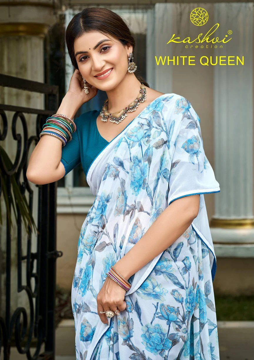 Kashvi White Queen Georgette Casual Wear Saree Collection