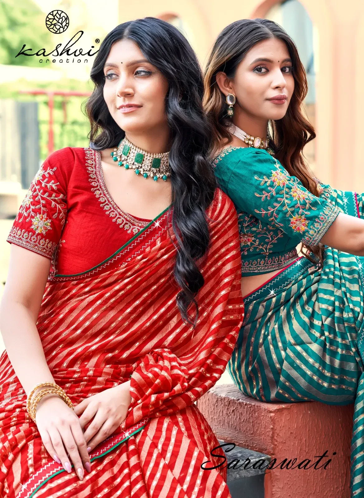 Kashvi Saraswati Dull Moss Brasso with Work Saree Collection