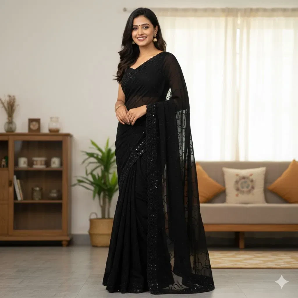 Kc 1004 Georgette Black Beeds Bollywood Fancy Saree