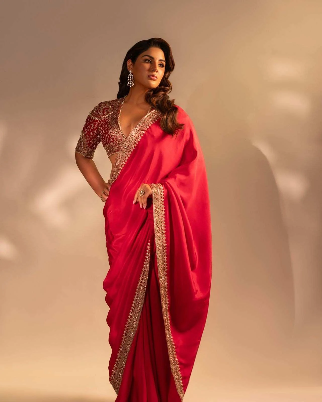 Kc 2084 Red Color Sequins Festival Special Saree