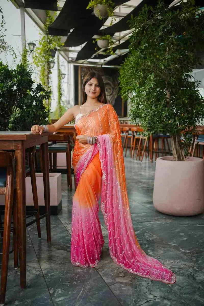 Kc 944 Space Silk Dual Shade Beeds Worked Designer Saree Collection