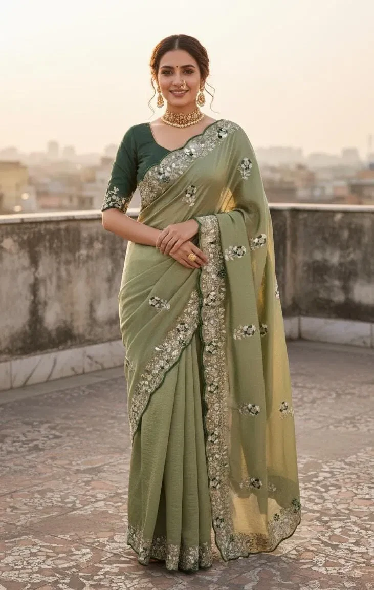Vt 834 T Soft Vichitra Silk Thread Work Designer Saree Collection