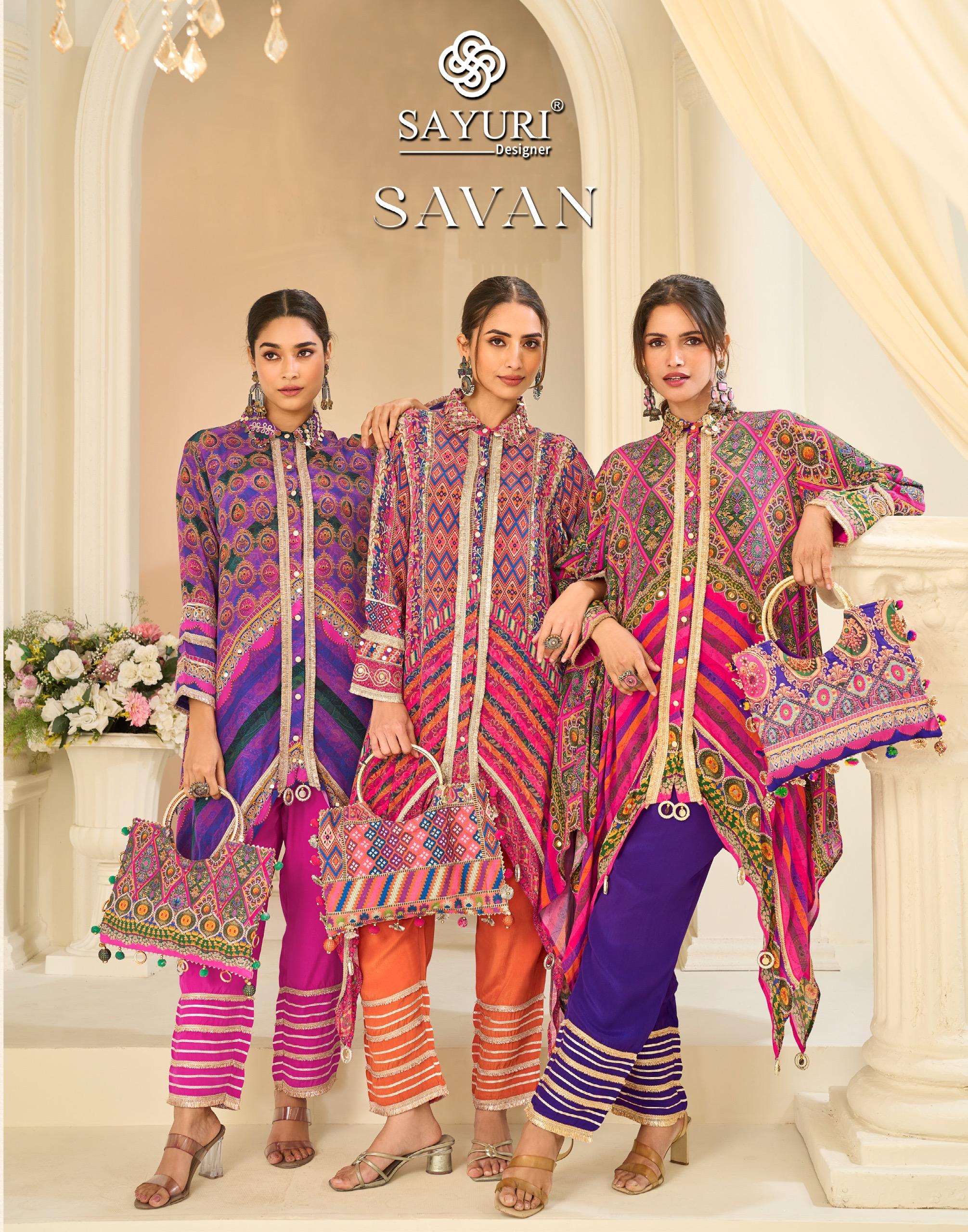 Sayuri Designer Savan Premium Natural Crape Silk Wholesale Designer Readymade Suit Collection